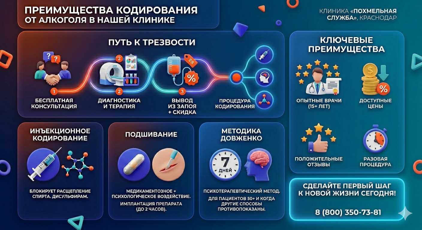 Инфографика о методах кодирования от алкоголя в Электроуглях: инъекции, подшивание, метод Довженко. Преимущества клиники и этапы лечения.